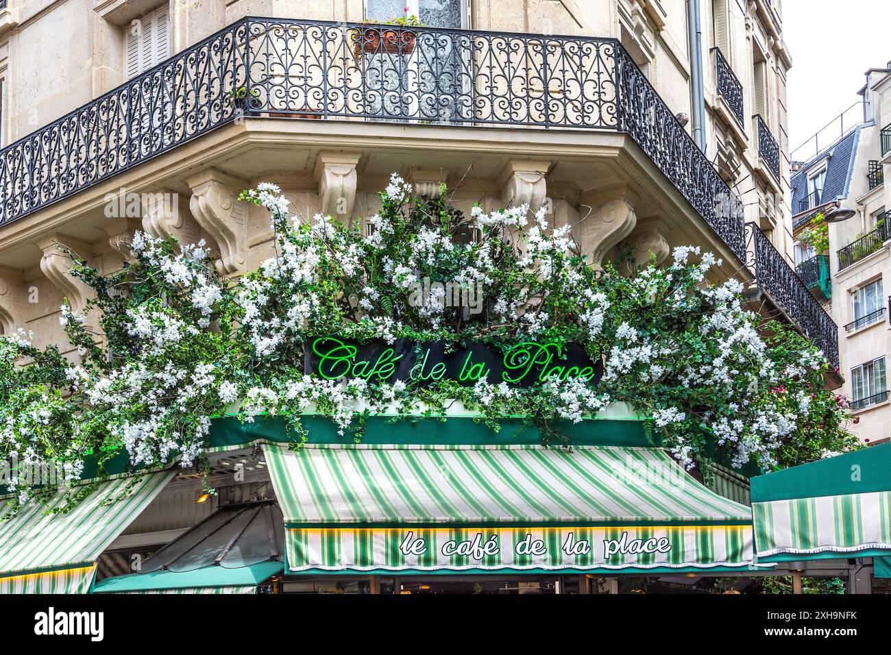 Tree covered corner of Rue du Montparnasse looking toward the Café Odessa and Cafe de la Place - Paris 75014, France. Stock Photo