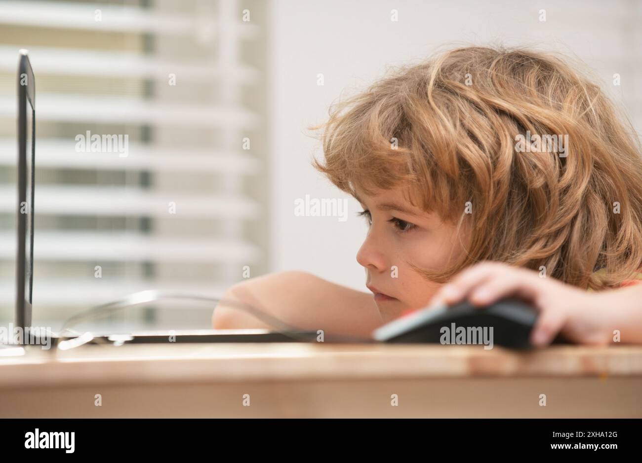 Portrait of concentrated kid surfing the internet in school. Young ...