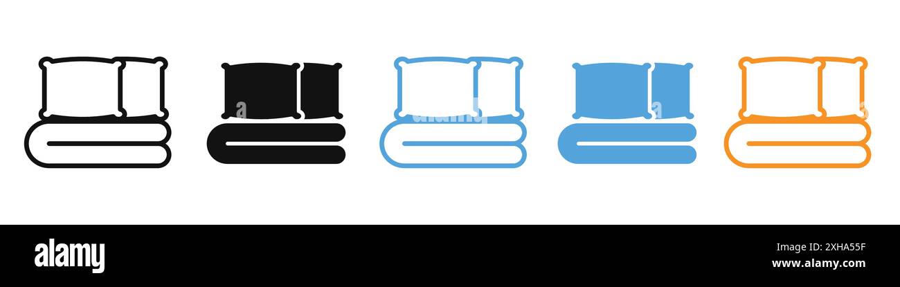 Bed linen set with pillows icon Vector symbol or sign set collection in black and white outline Stock Vector