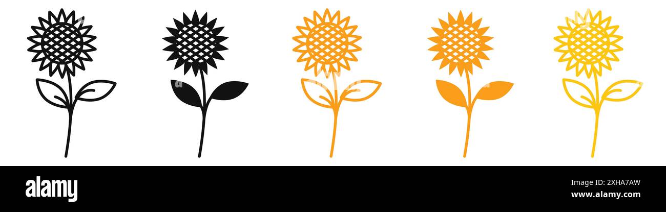 Sunflower icon Vector symbol or sign set collection in black and white outline Stock Vector