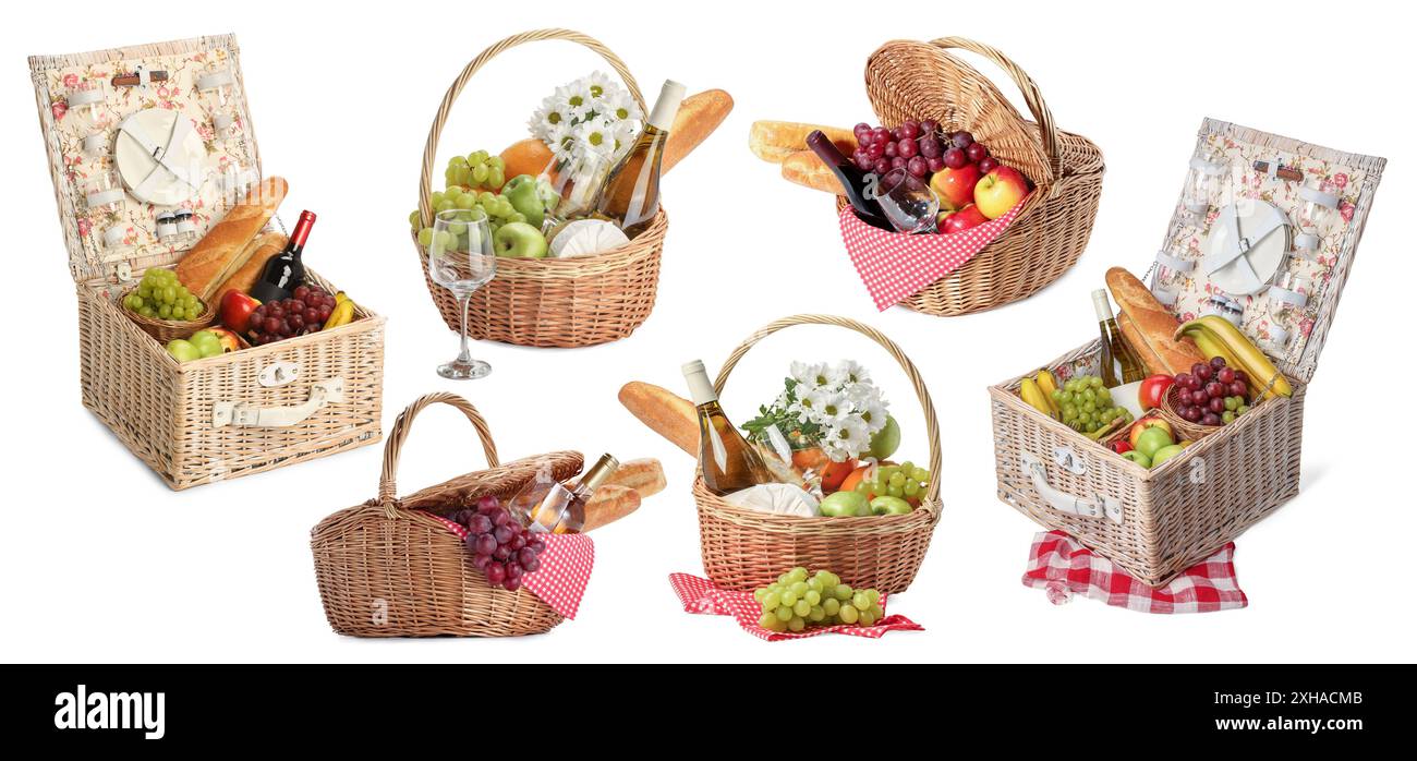 Wicker rattan baskets with picnic foods isolated on white, set Stock ...