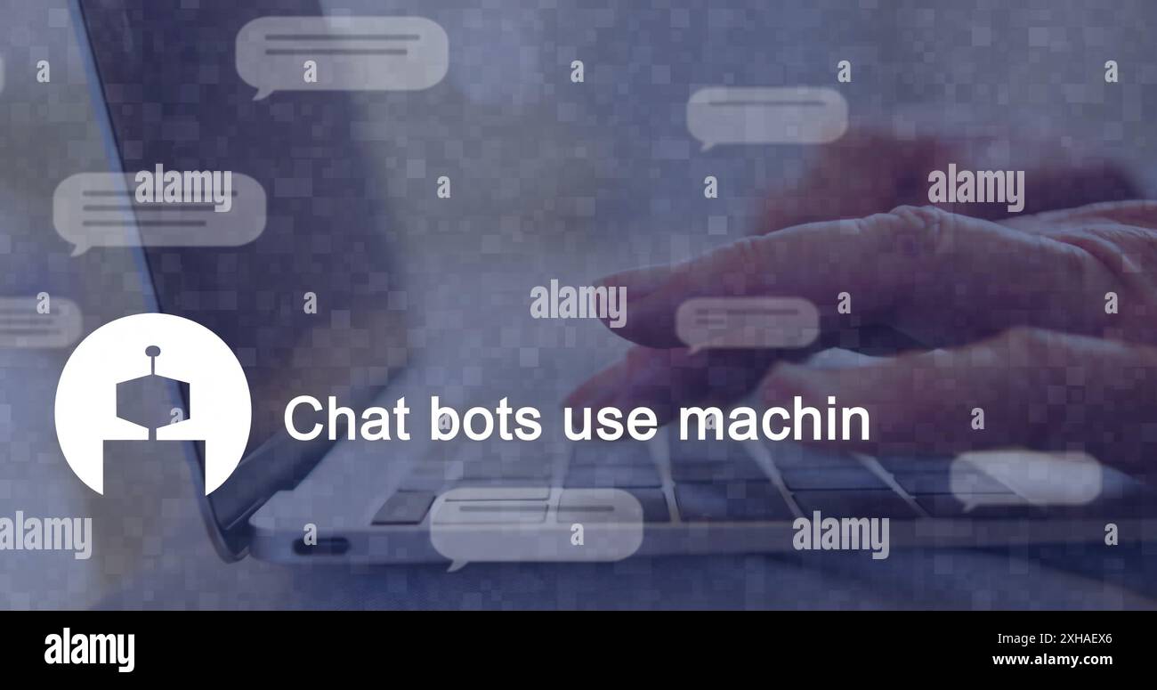 Typing on laptop, person interacting with chatbots using machine learning technology. artificial intelligence, communication, innovation, digital, int Stock Photo