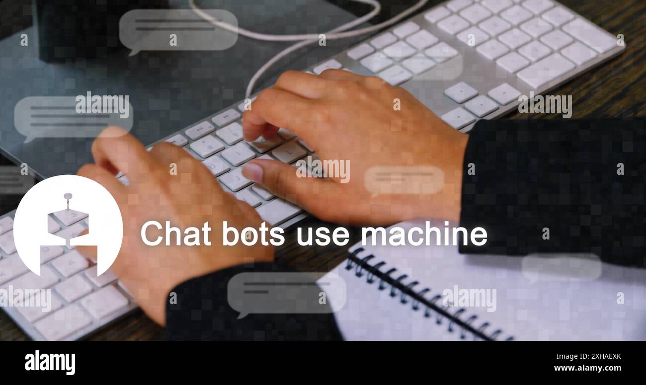 Typing on keyboard, person developing chatbot software with notebook on desk. Technology, programming, development, computer, coding, innovation Stock Photo
