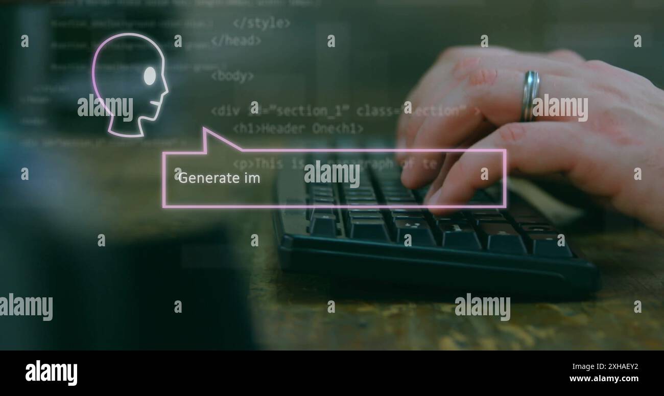Typing on keyboard, person generating AI code with holographic ...