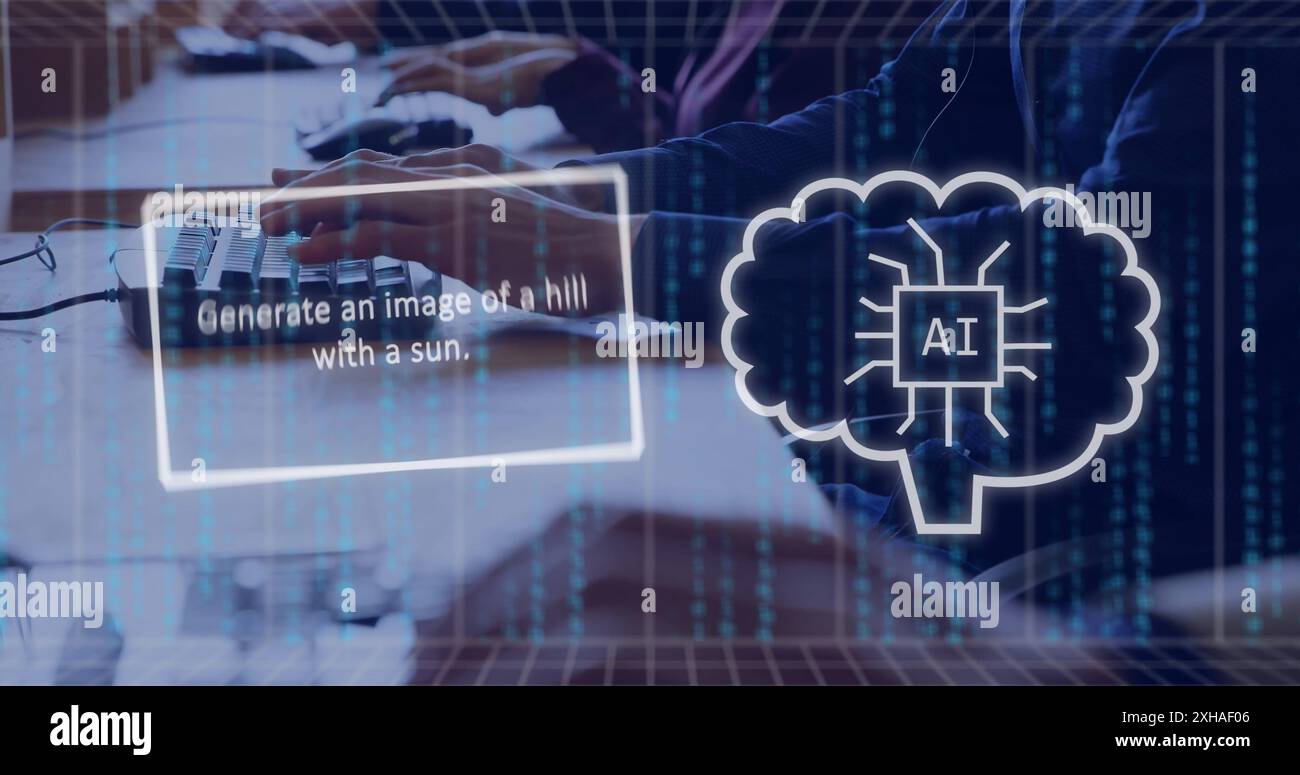 Typing on keyboard, person generating image using AI technology in workspace. computer, artificial intelligence, innovation, creativity, digital, soft Stock Photo