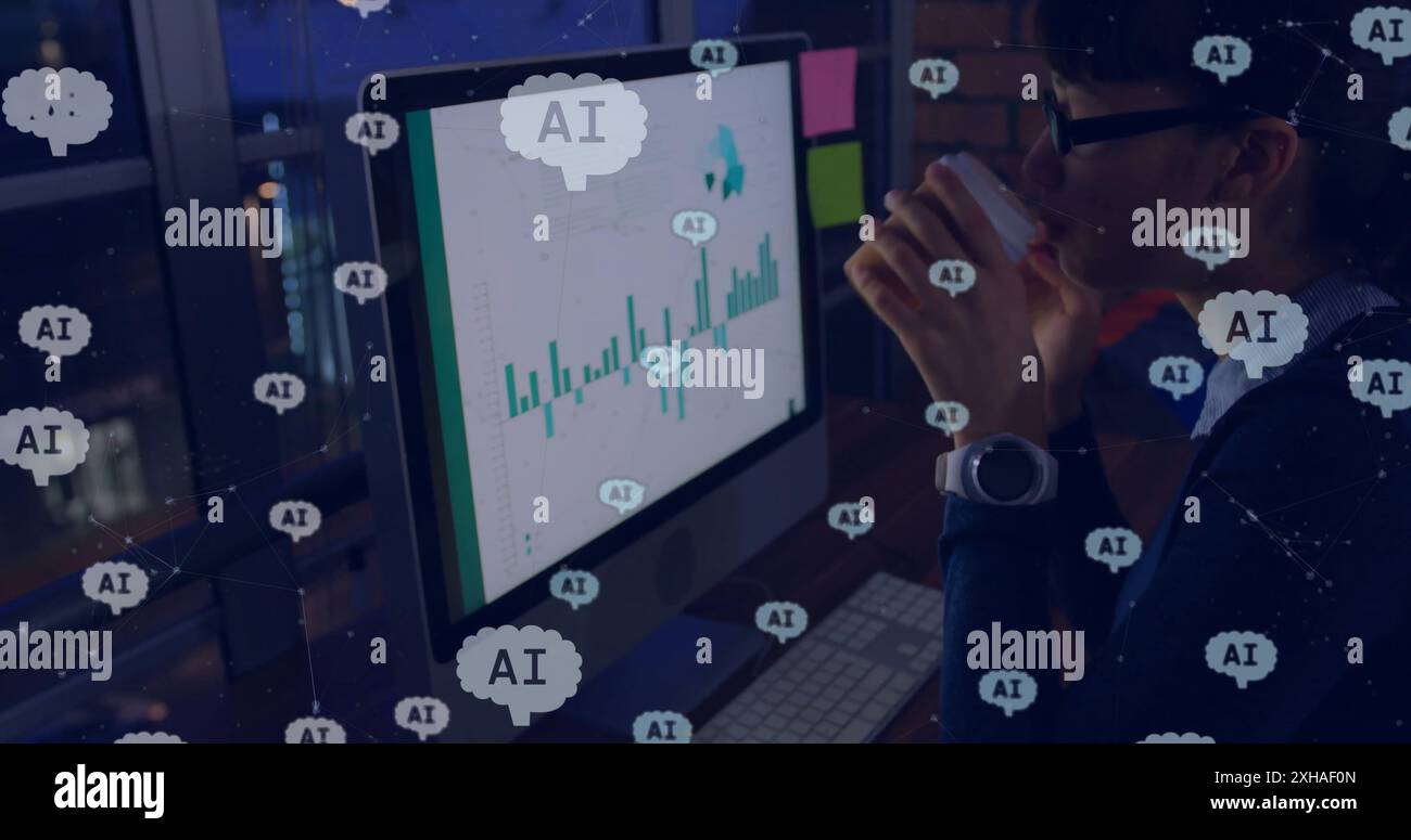 Analyzing data on computer screen, person drinking coffee in AI-themed workspace Stock Photo