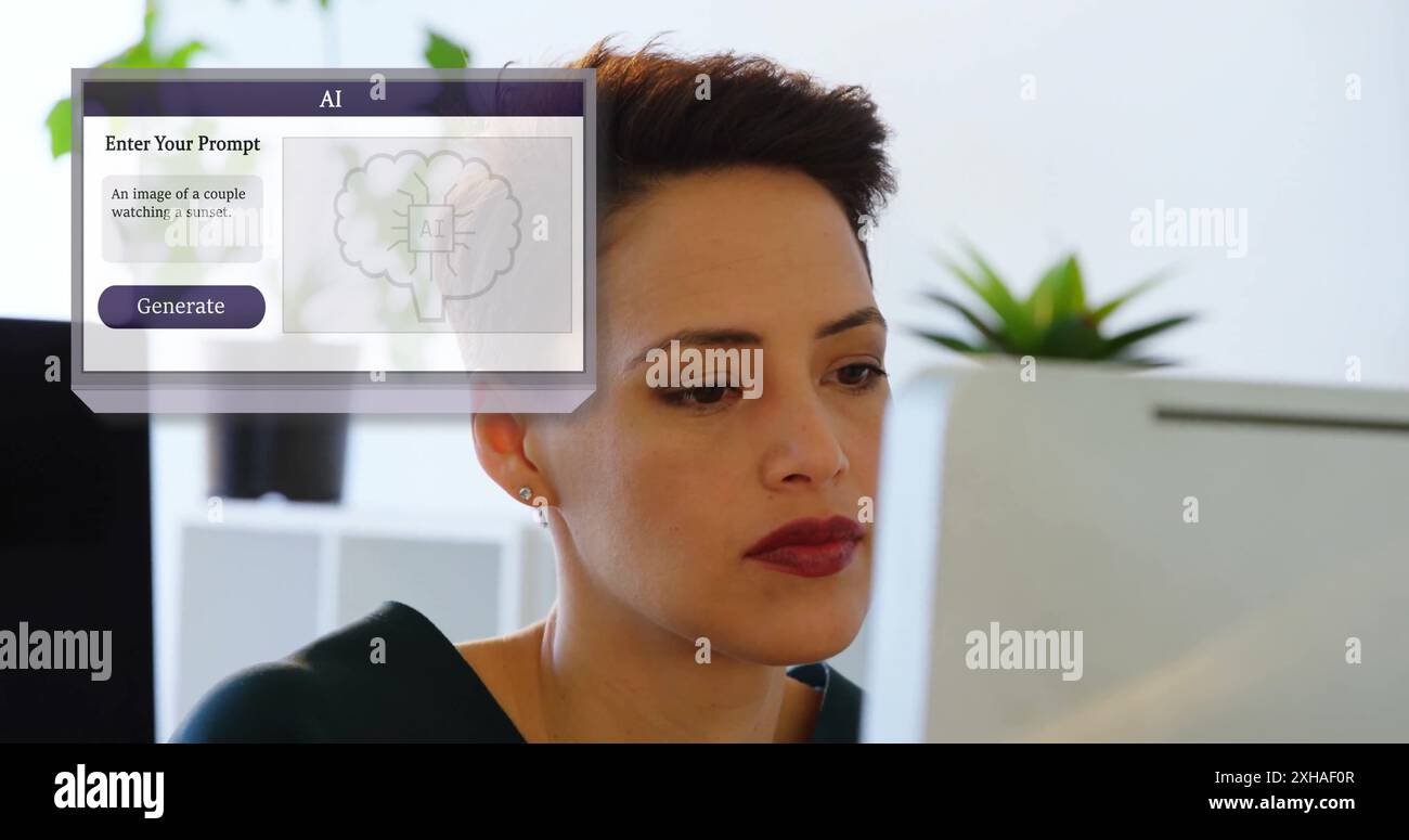 Using AI software, woman generating image prompt on computer screen Stock Photo