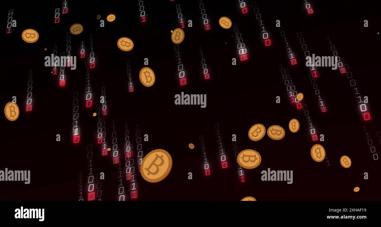 Bitcoin symbols and binary code falling, representing digital finance and cryptocurrency. blockchain, technology, innovation, coding, investment, futu Stock Photo
