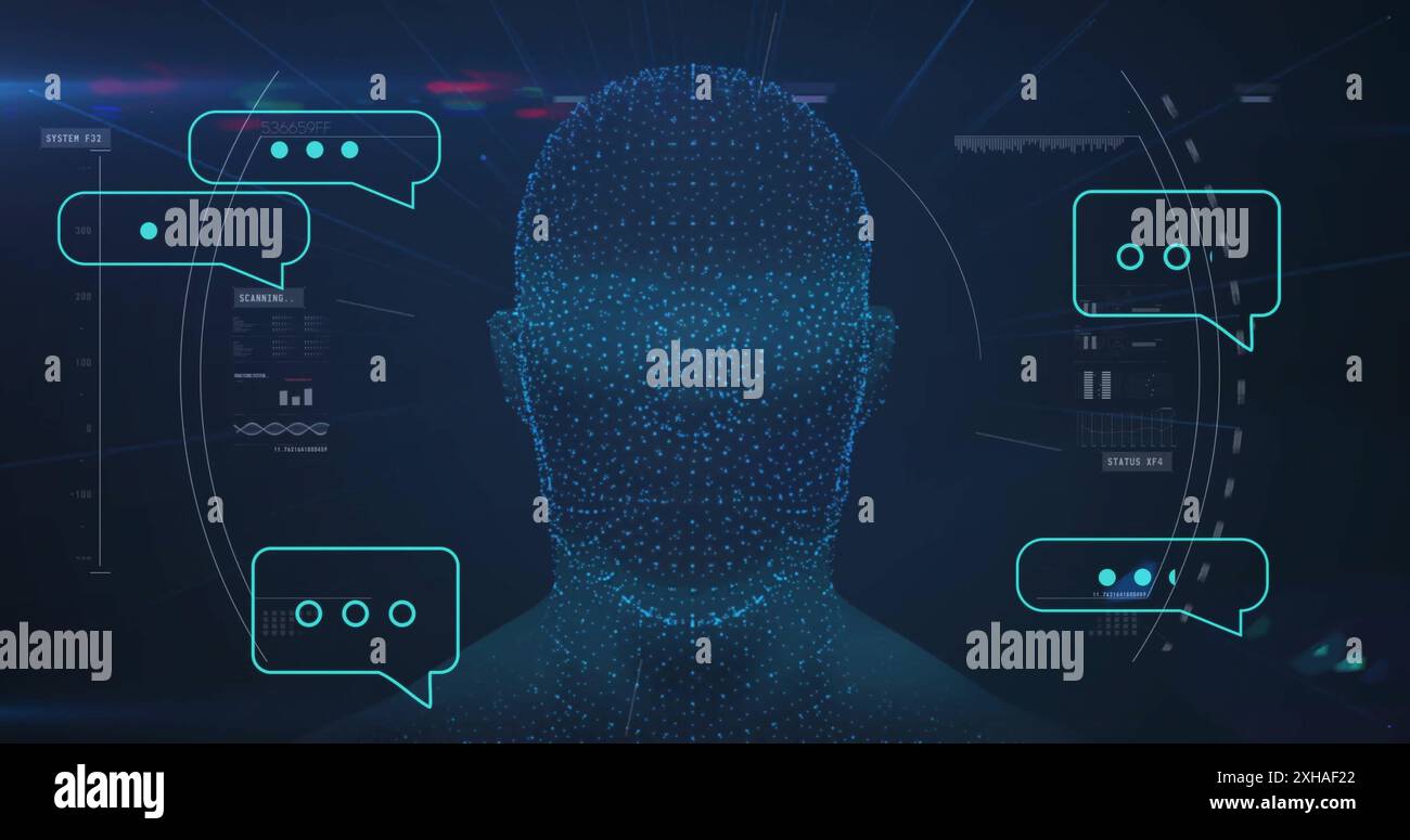 Image of data processing over digital human with speech bubbles Stock Photo