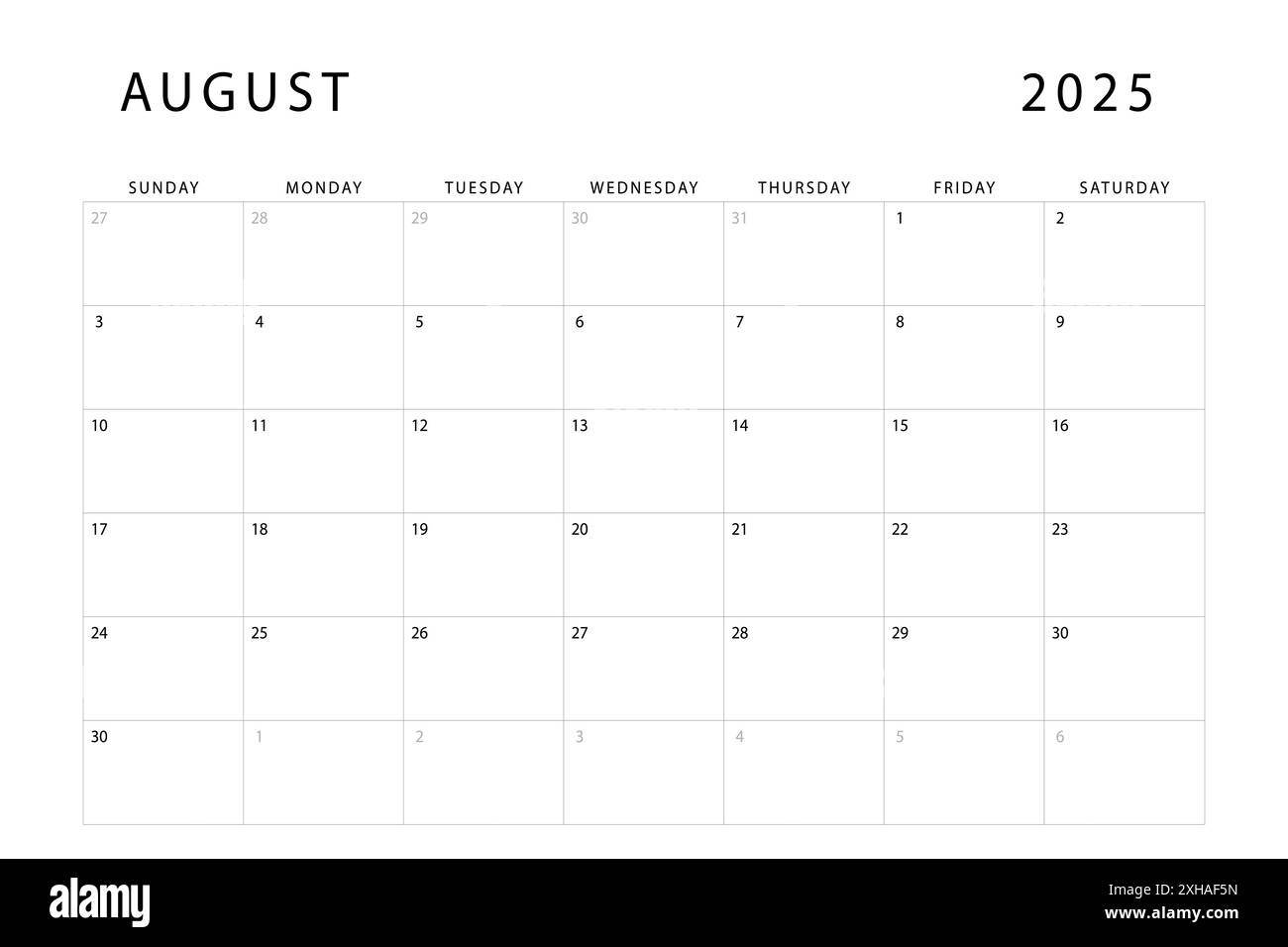 August 2025 calendar. Monthly planner template. Sunday start. Vector design Stock Vector Image