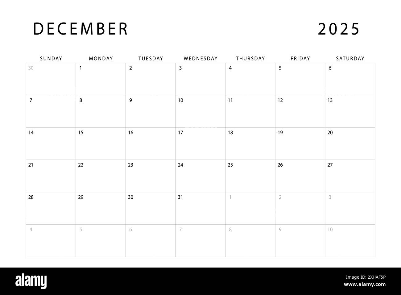 December 2025 calendar. Monthly planner template. Sunday start. Vector design Stock Vector Image