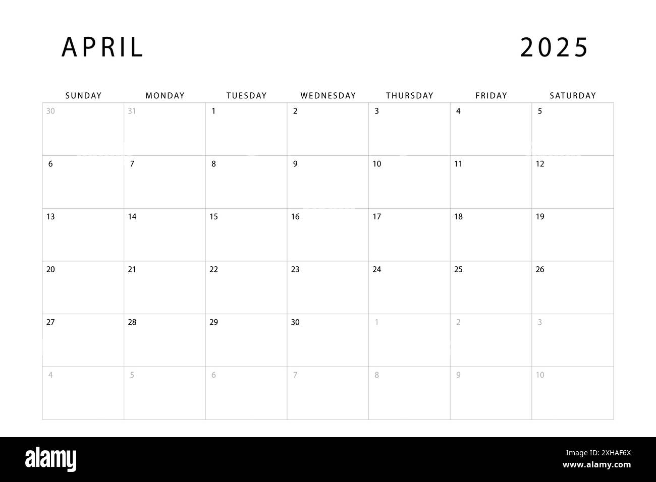 April 2025 calendar. Monthly planner template. Sunday start. Vector