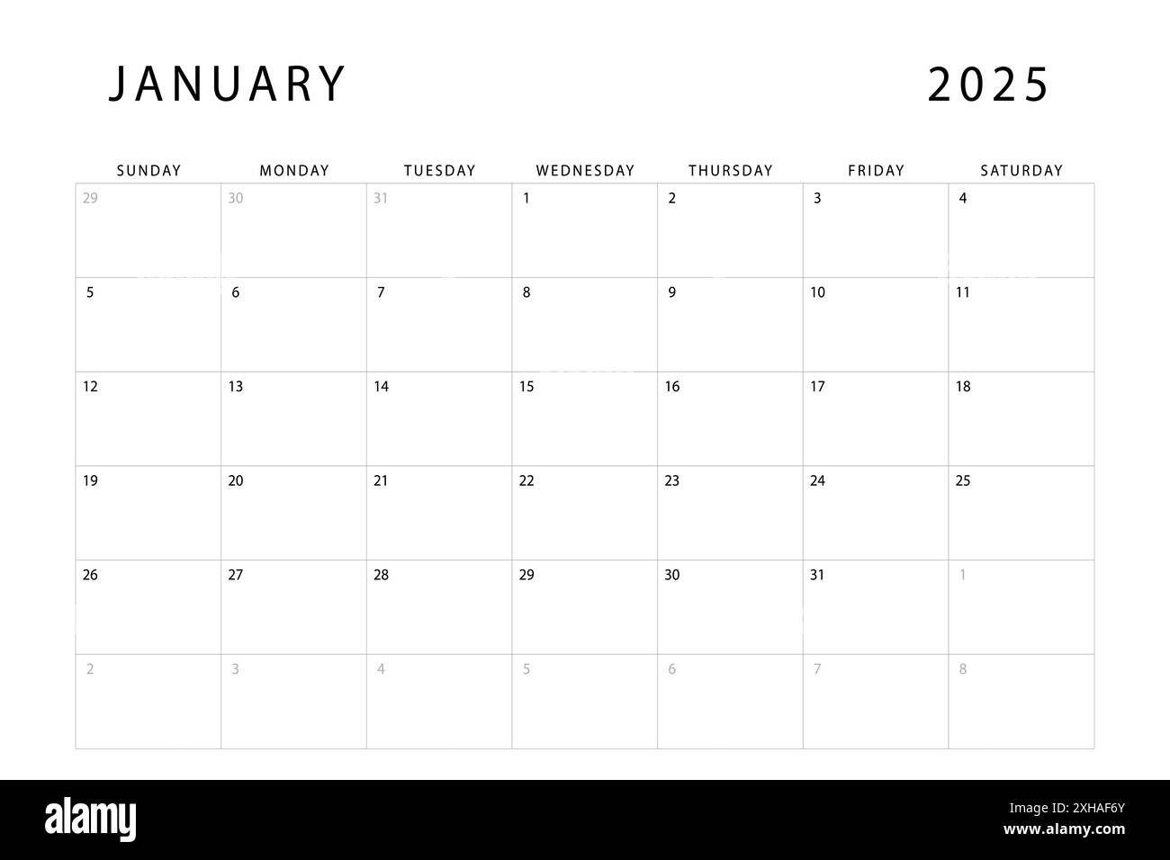 January 2025 calendar. Monthly planner template. Sunday start. Vector