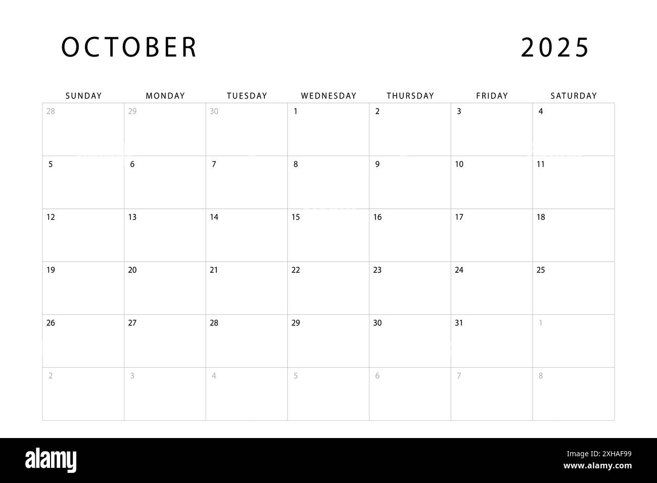 October 2025 calendar. Monthly planner template. Sunday start. Vector design Stock Vector Image