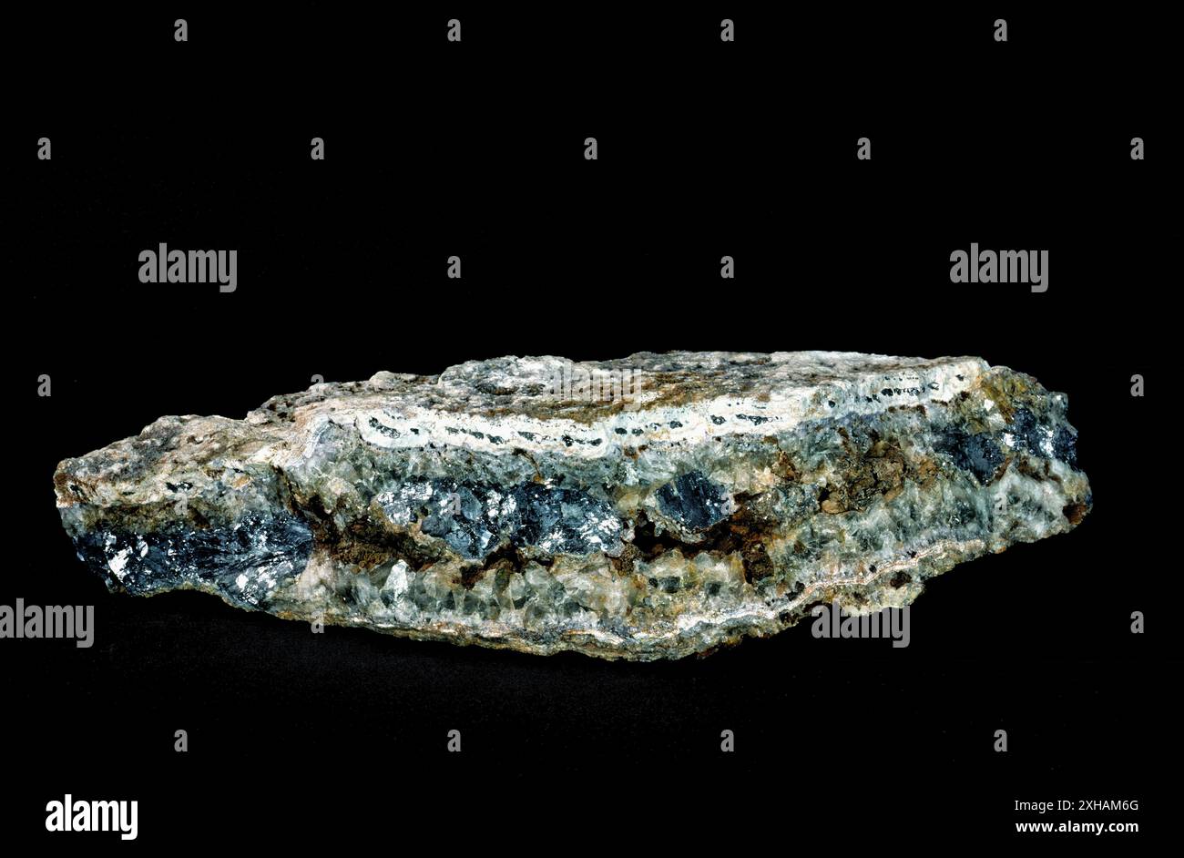 Galena. Most important lead ore mineral. Fine example of crystal of the mineral Galena held in a vug with fluorite and barite Stock Photo