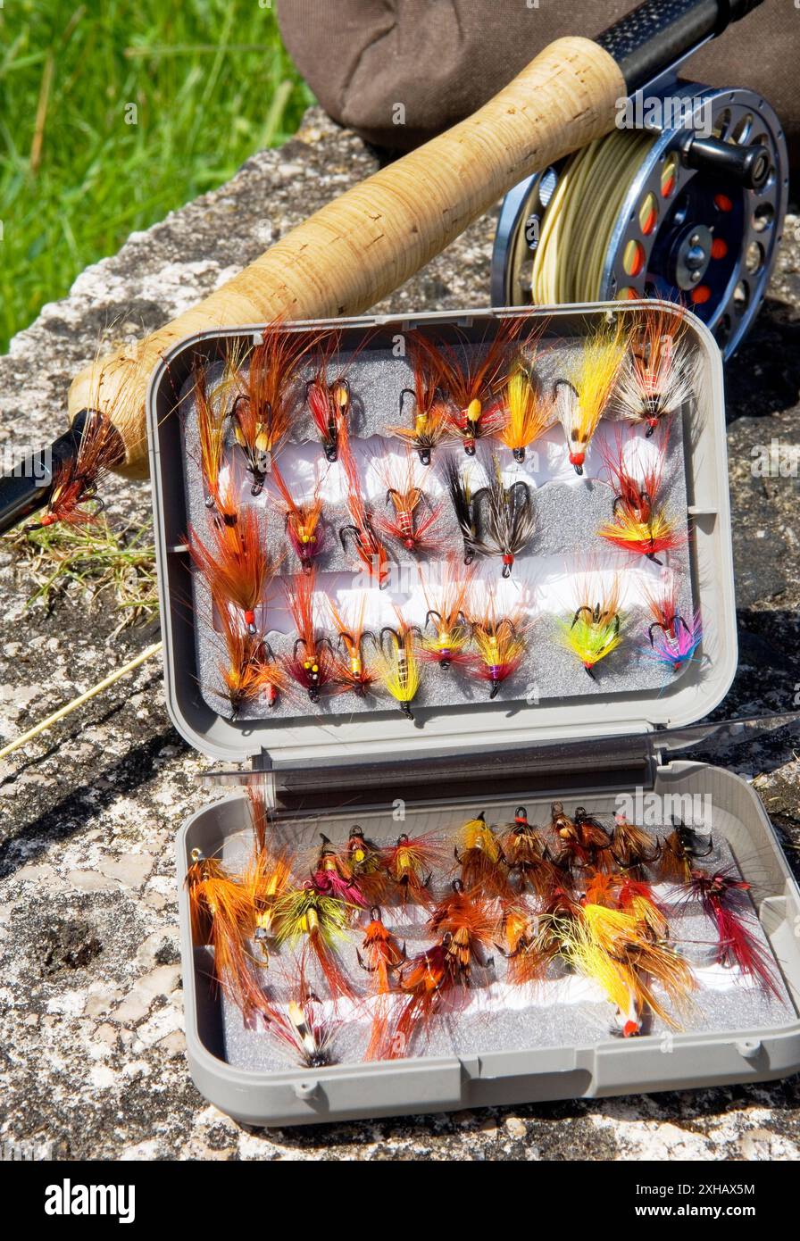 Box of hand tied trout and salmon river fly-fishing flies, Ireland. Cork handle and reel of rod behind. River Bush, Bushmills, N. Ireland Stock Photo