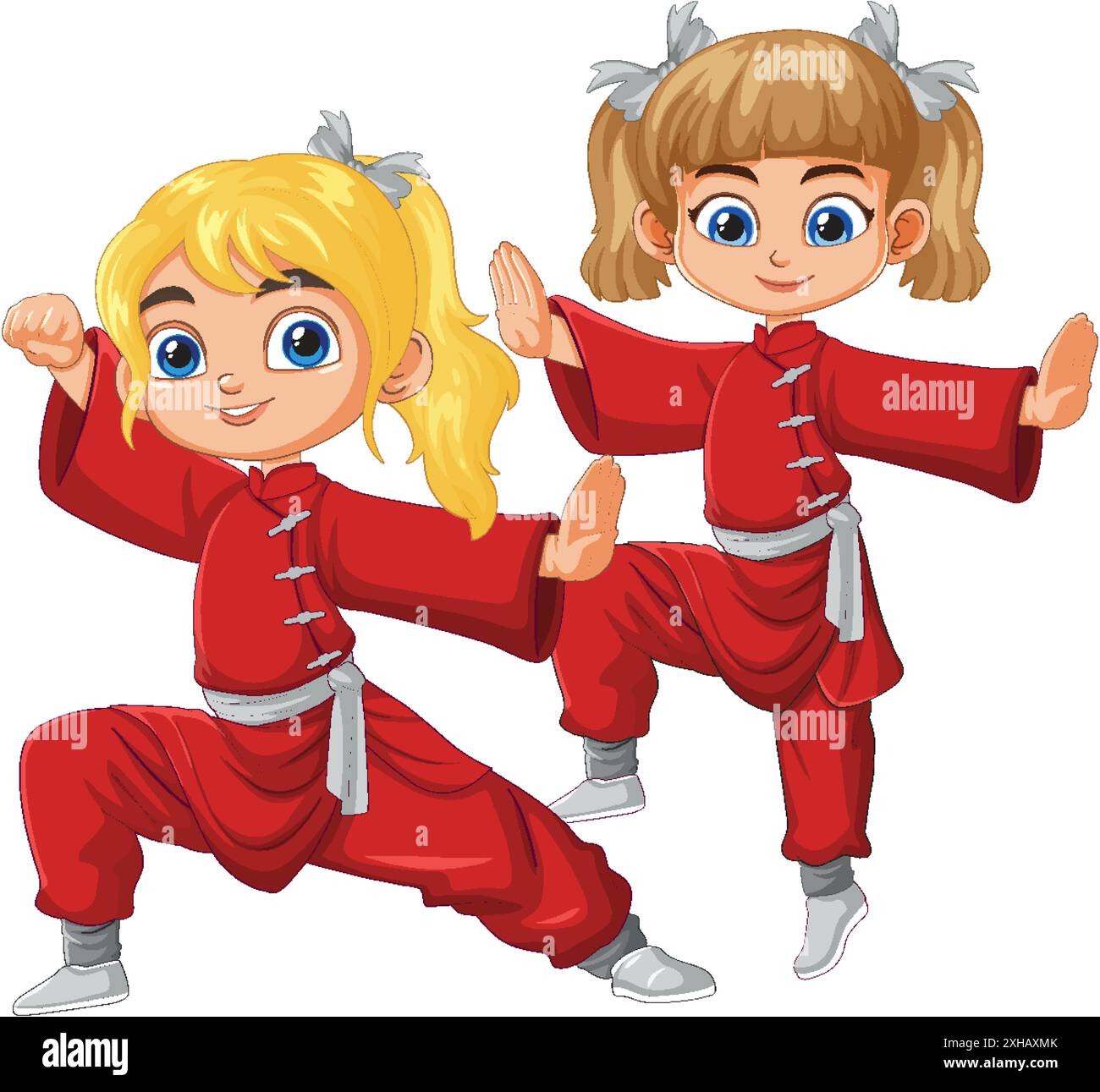 two-kids-in-red-uniforms-performing-martial-arts-stock-vector-image