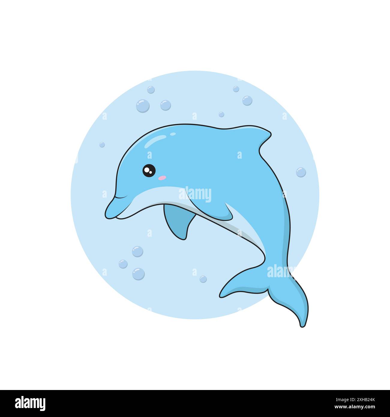 Cute Baby Dolphin with Little Bubbles around on Blue Circle Background Vector Illustration. Blue Cartoon Character from Undersea World. Underwater Life. Stock Vector