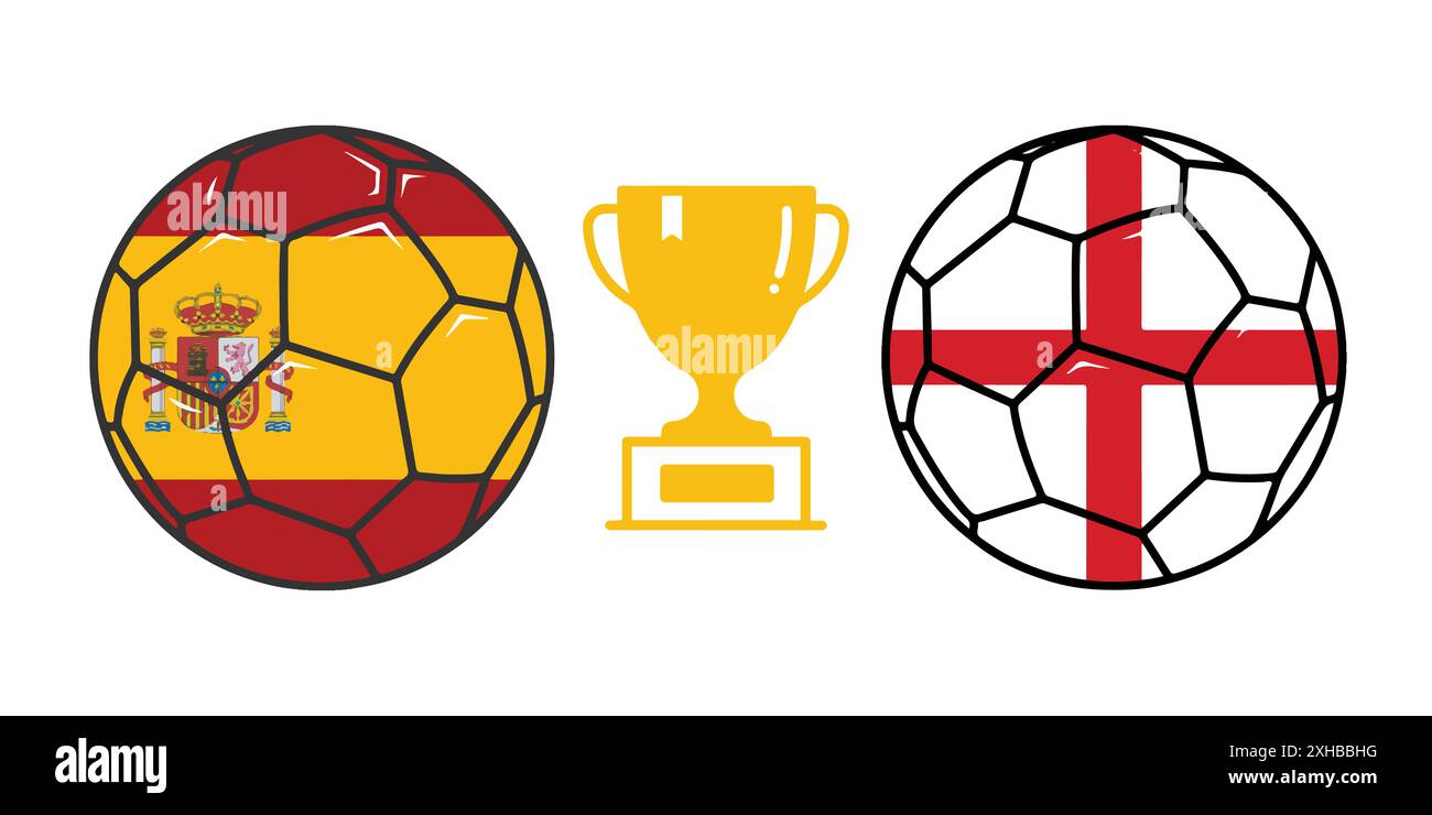 Two soccer balls in flags colors with trophy. Spain vs England European ...