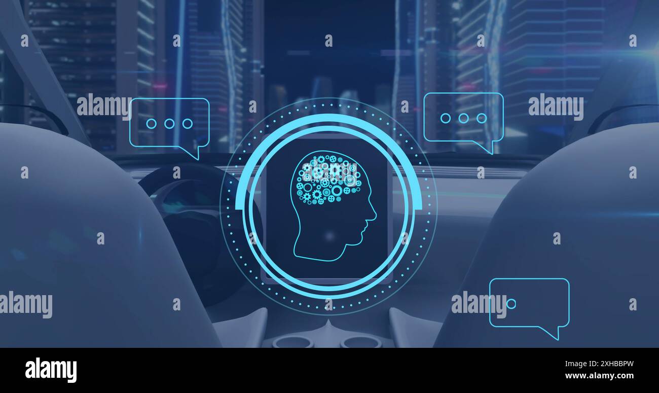 Driving autonomous car, AI interface with brain icon and chat bubbles ...