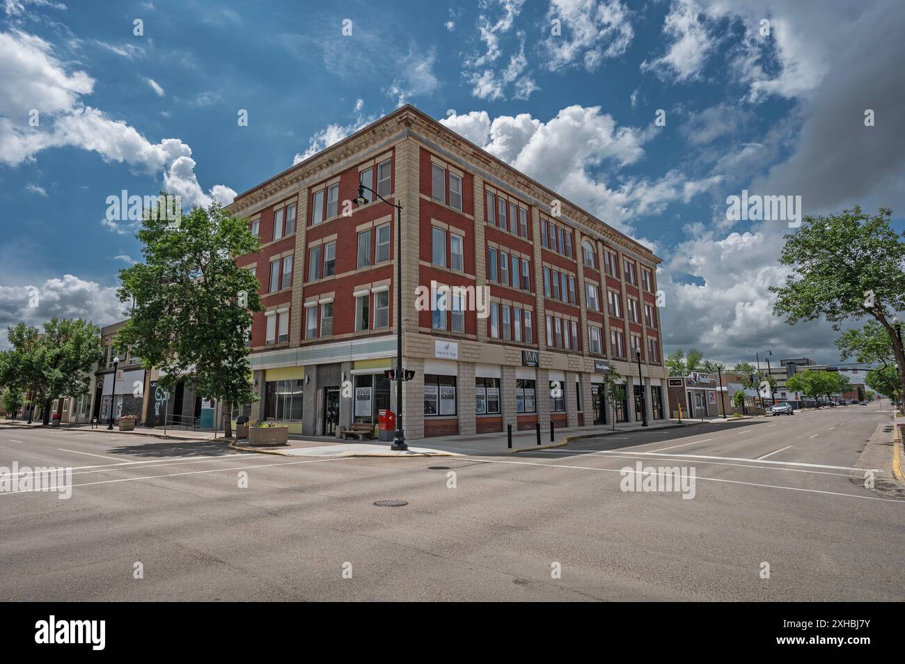 Swift Current, Saskatchewan, Canada – July 01, 2024:  Historic building on a downtown street intersection Stock Photo