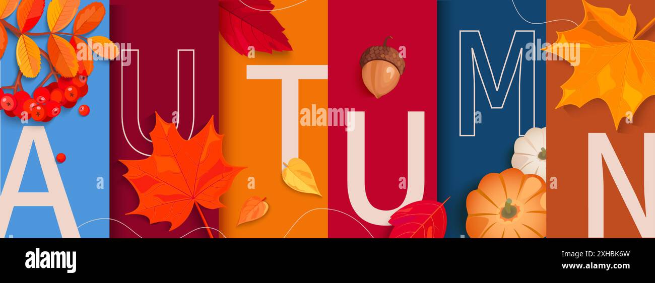 Autumn horizontal banner with fall symbols Stock Vector