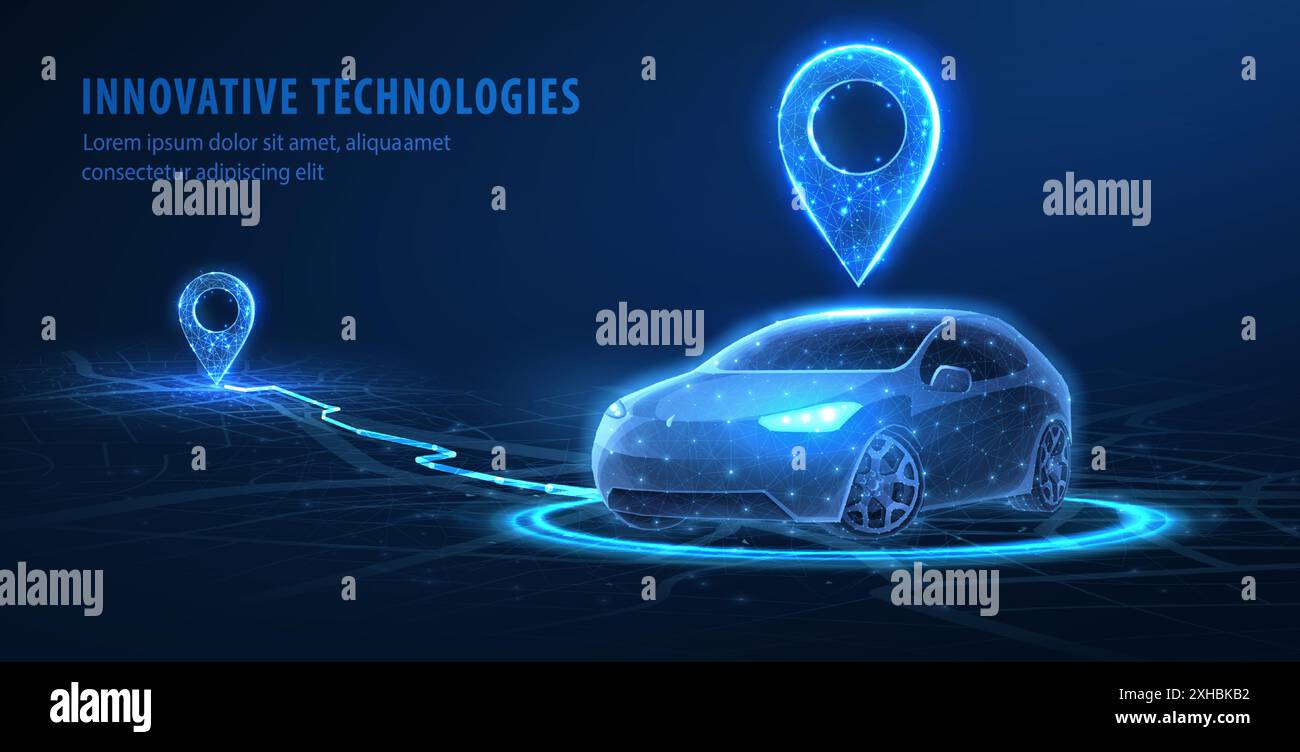 Smart car location connected with a pin icon by a line. Parking application Stock Vector