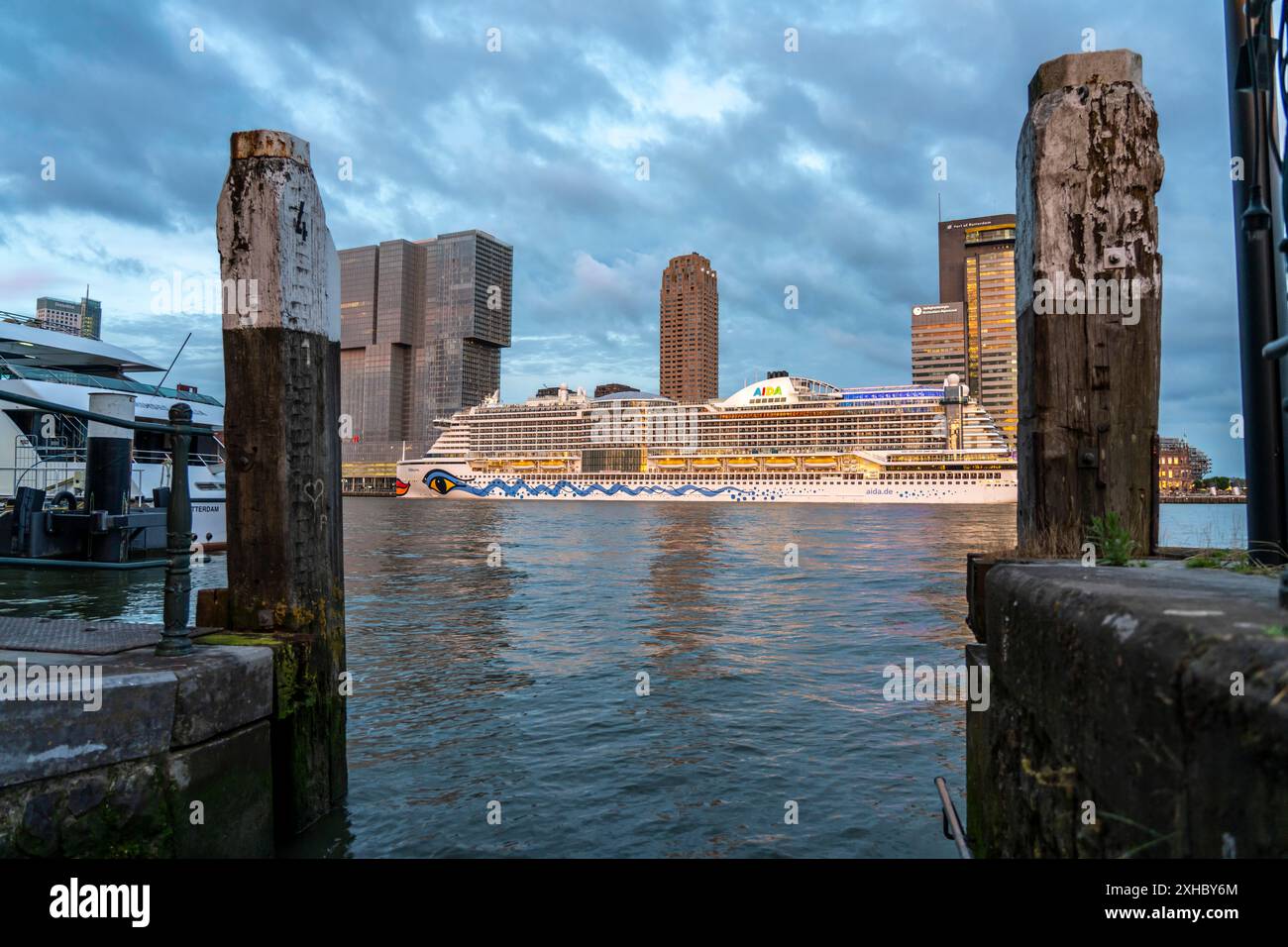 Rotterdam, skyline at the Nieuwe Maas, skyscrapers at the 'Kop van Zuid' district, cruise ship 'Aida Prima at the Cruise Terminal, Netherlands, Stock Photo