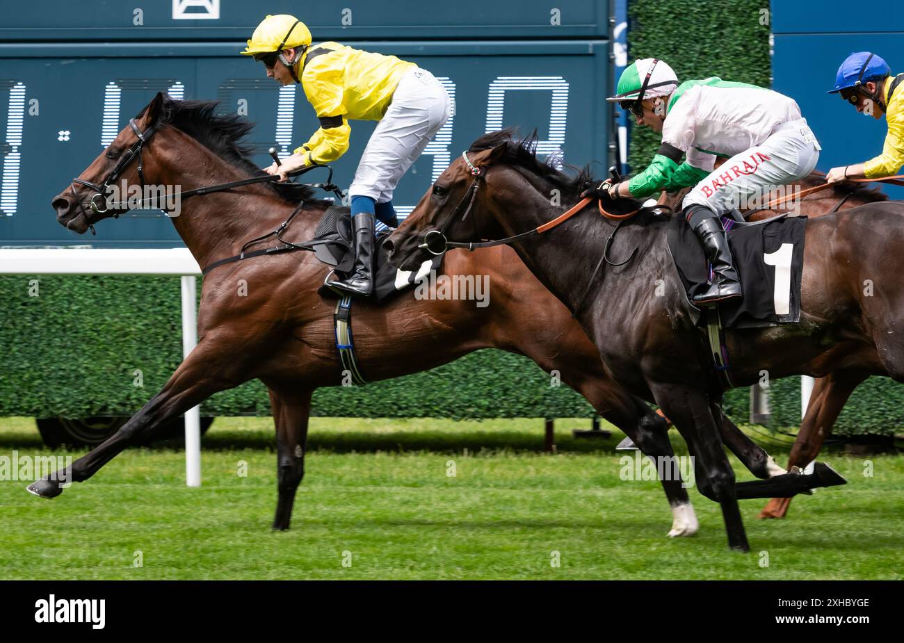 Ascot, Berkshire, United Kingdom, Saturday 13th July 2024; Quddwah and jockey Callum Shepherd win the feature race at Ascot on the day, the Anne Cowley Memorial Summer Mile Stakes (Group 2)  for trainers Simon & Ed Crisford and owner Sheikh Ahmed Al Maktoum. Credit JTW Equine Images / Alamy Live News Stock Photo