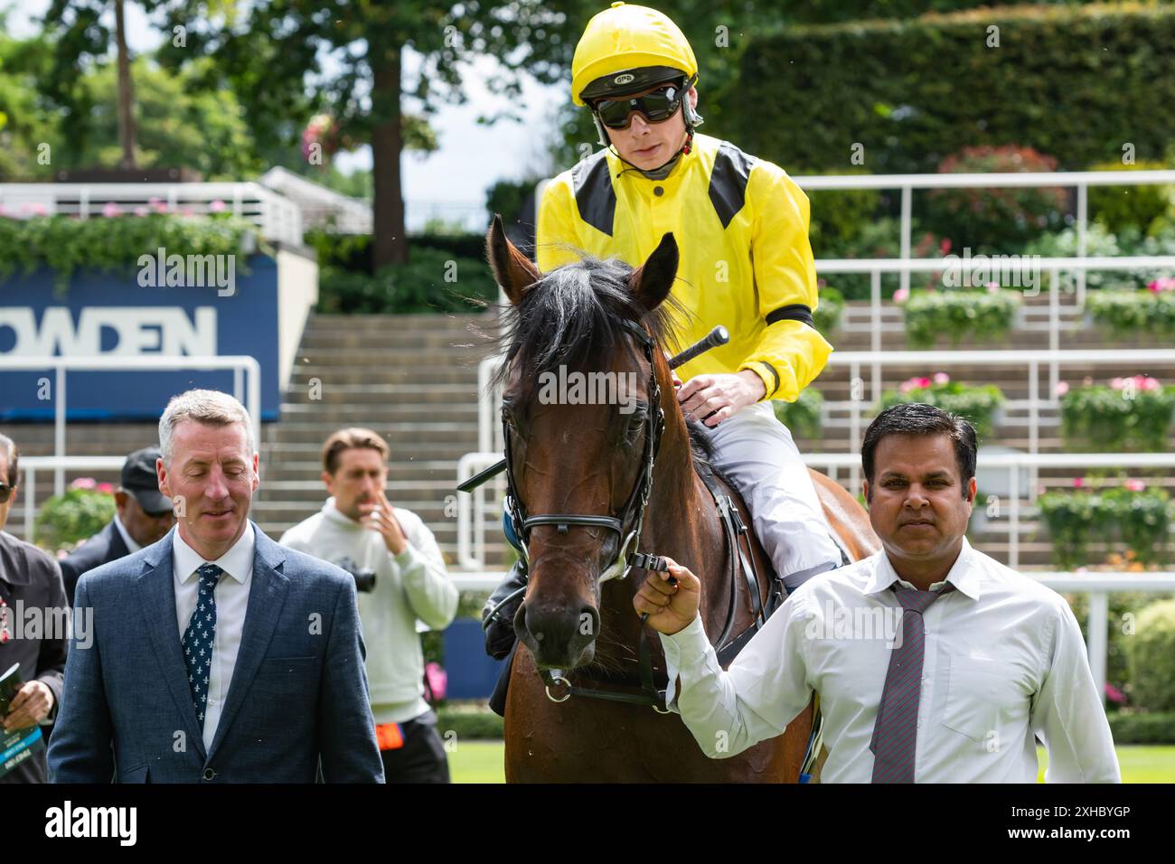 Ascot, Berkshire, United Kingdom, Saturday 13th July 2024; Quddwah and jockey Callum Shepherd win the feature race at Ascot on the day, the Anne Cowley Memorial Summer Mile Stakes (Group 2)  for trainers Simon & Ed Crisford and owner Sheikh Ahmed Al Maktoum. Credit JTW Equine Images / Alamy Live News Stock Photo