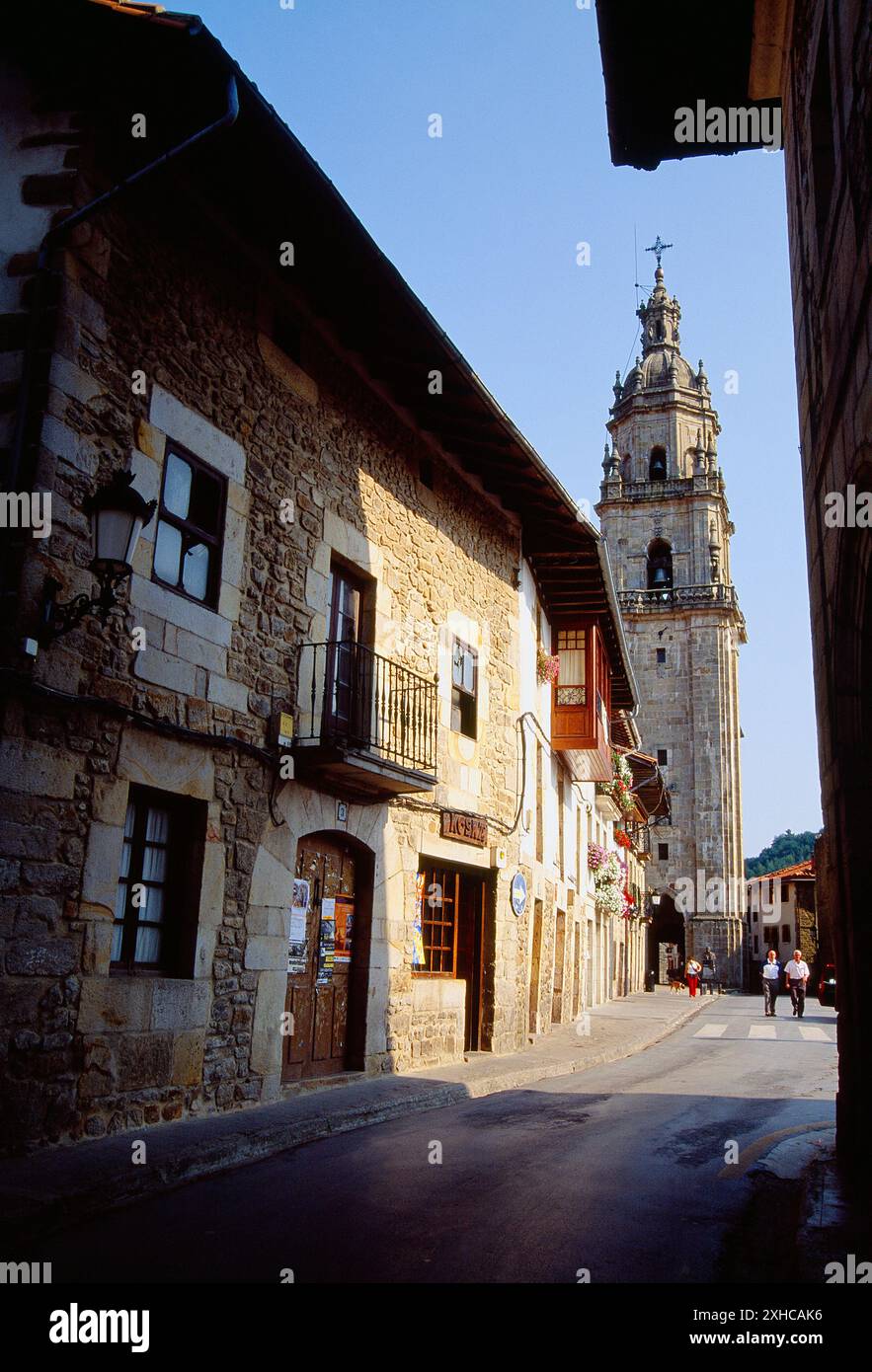 Street and Santa Marina church. Otxandio, Vizcaya province, Basque Country, Spain. Stock Photo
