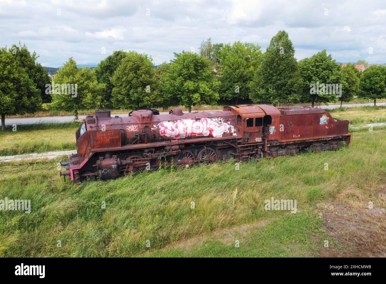 Old train cemetery. Aerial view of an old abandoned rusty steam train. High quality 4k footage Stock Photo