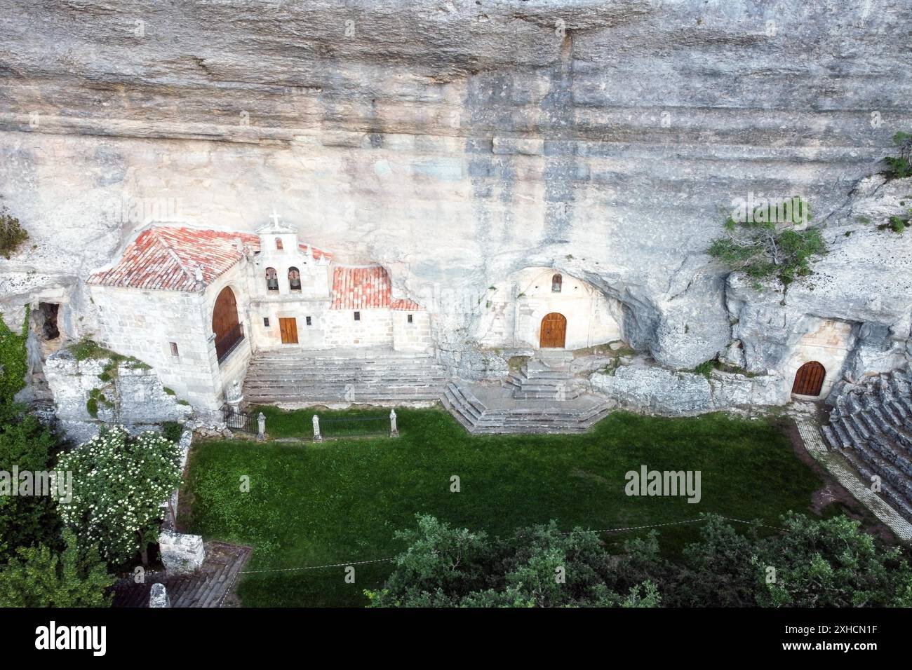 Aerial view of Saint Bernabe Ancient Heremitage in a cave in Ojo