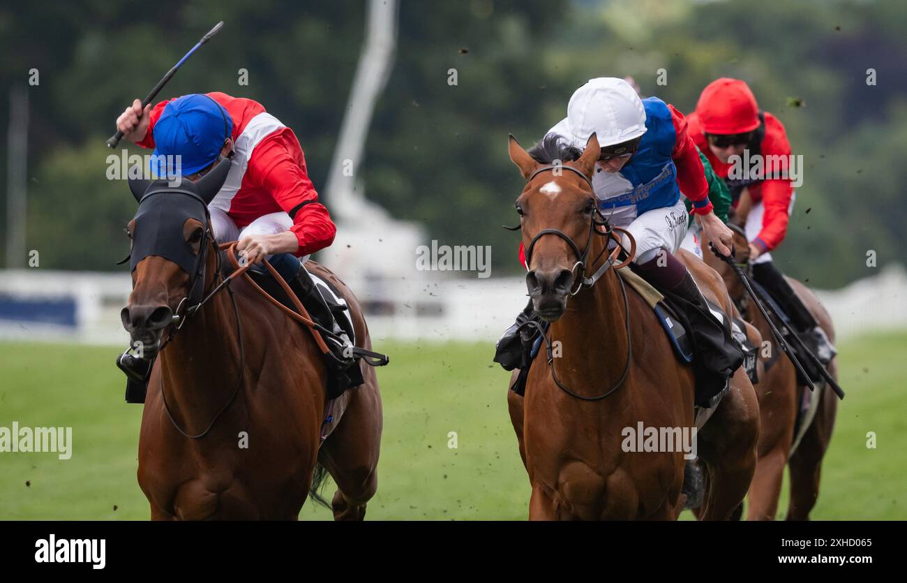 Ascot, Berkshire, United Kingdom, Saturday 13th July 2024; Surveyor and jockey Callum Shepherd win the Village Hotels Fillies Handicap Stakes for trainer James Fanshawe and owner Cheveley Park Stud. Credit JTW Equine Images / Alamy Live News Stock Photo