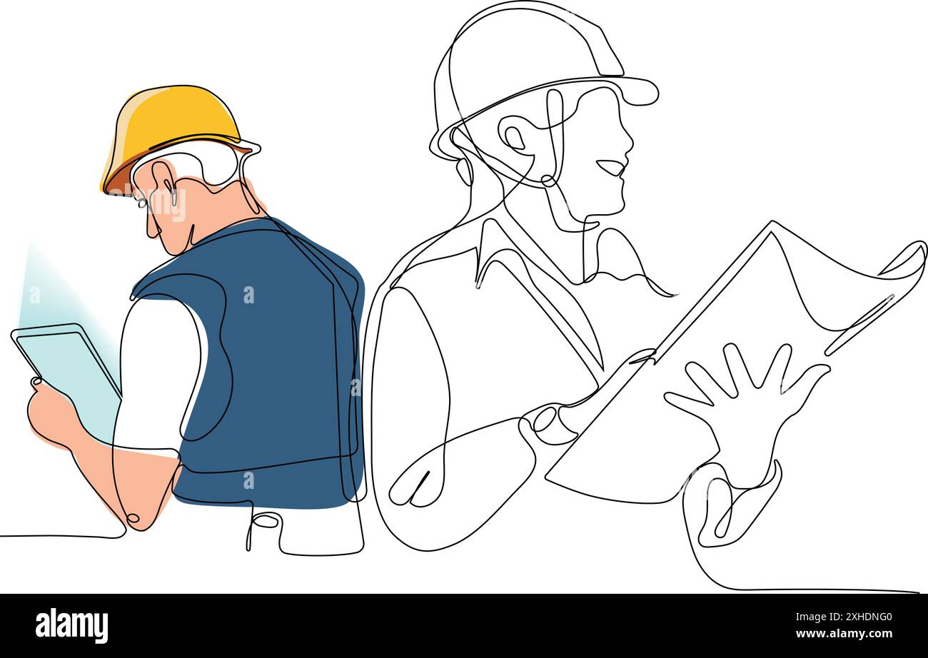 construction manager and engineer working on building site. Vector ...