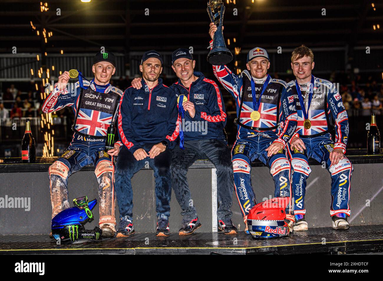 GREAT BRITAIN World Champions: (L to R) Dan Bewley, British Joint Team manager, Oliver Allen, British Joint Team manager, Simon Stead, Robert Lambert Tom Brennan during the Monster Energy FIM Speedway of Nation Final at the National Speedway Stadium, Manchester on Saturday 13th July 2024. (Photo: Ian Charles | MI News) Credit: MI News & Sport /Alamy Live News Stock Photo