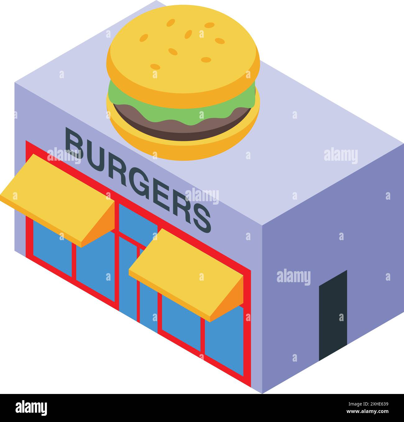 Isometric burger restaurant building with big burger on roof is ...