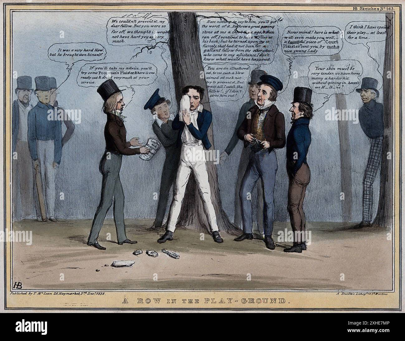 Lord Durham stands nursing his eye from a missile inscribed 'act of indemnity' thrown by Lord Brougham who stands to the far right behind a tree. Coloured lithograph by H.B. (John Doyle), 1838. Stock Photo