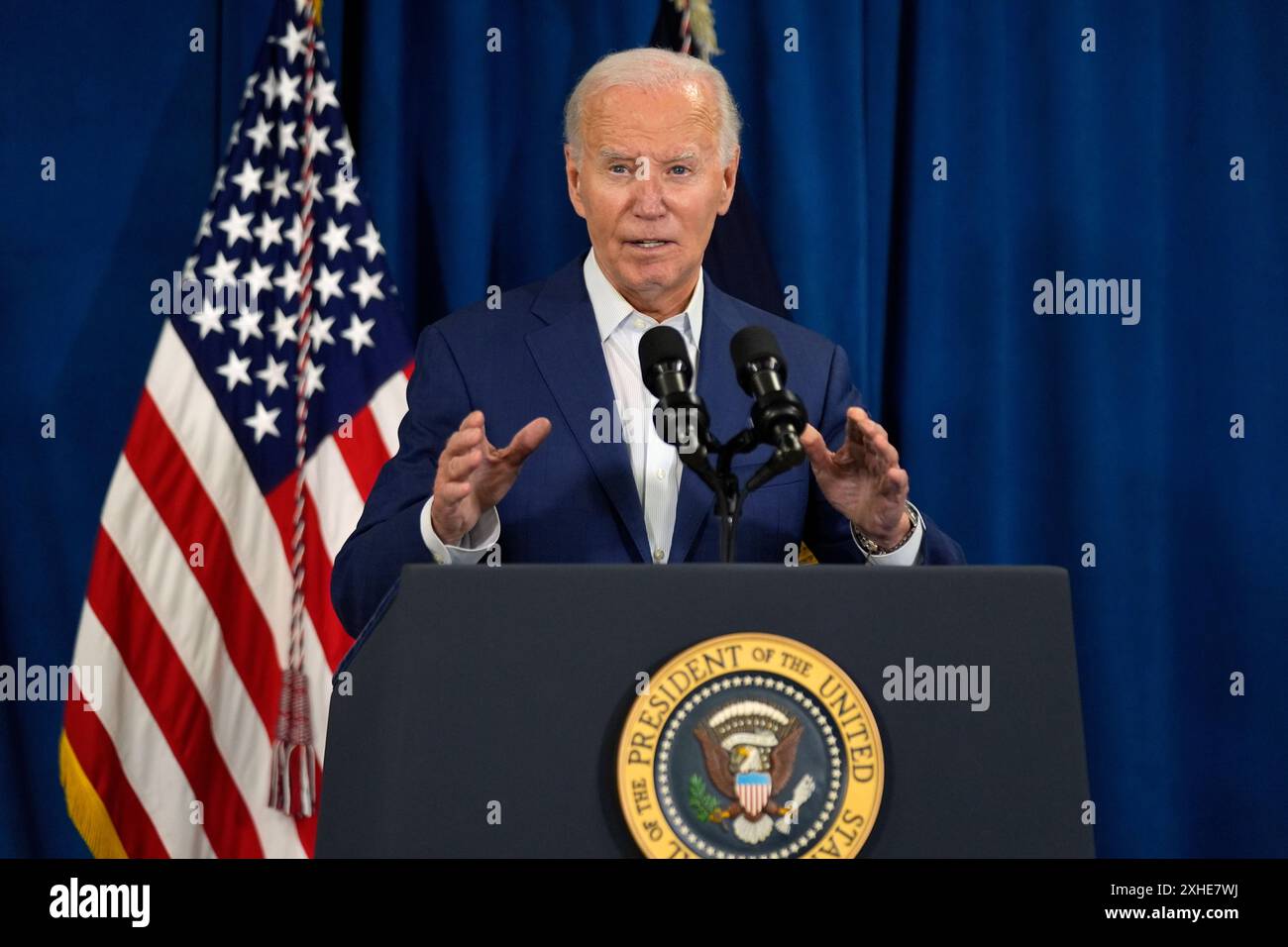 Biden Pa Rally President Joe Biden speaks, Saturday, July 13, 2024, in Rehoboth Beach ...