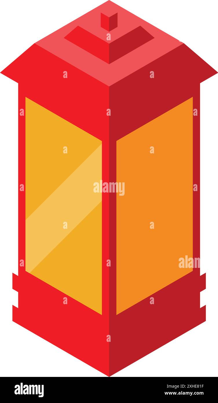 Red lantern with yellow light inside standing in isometric view Stock Vector