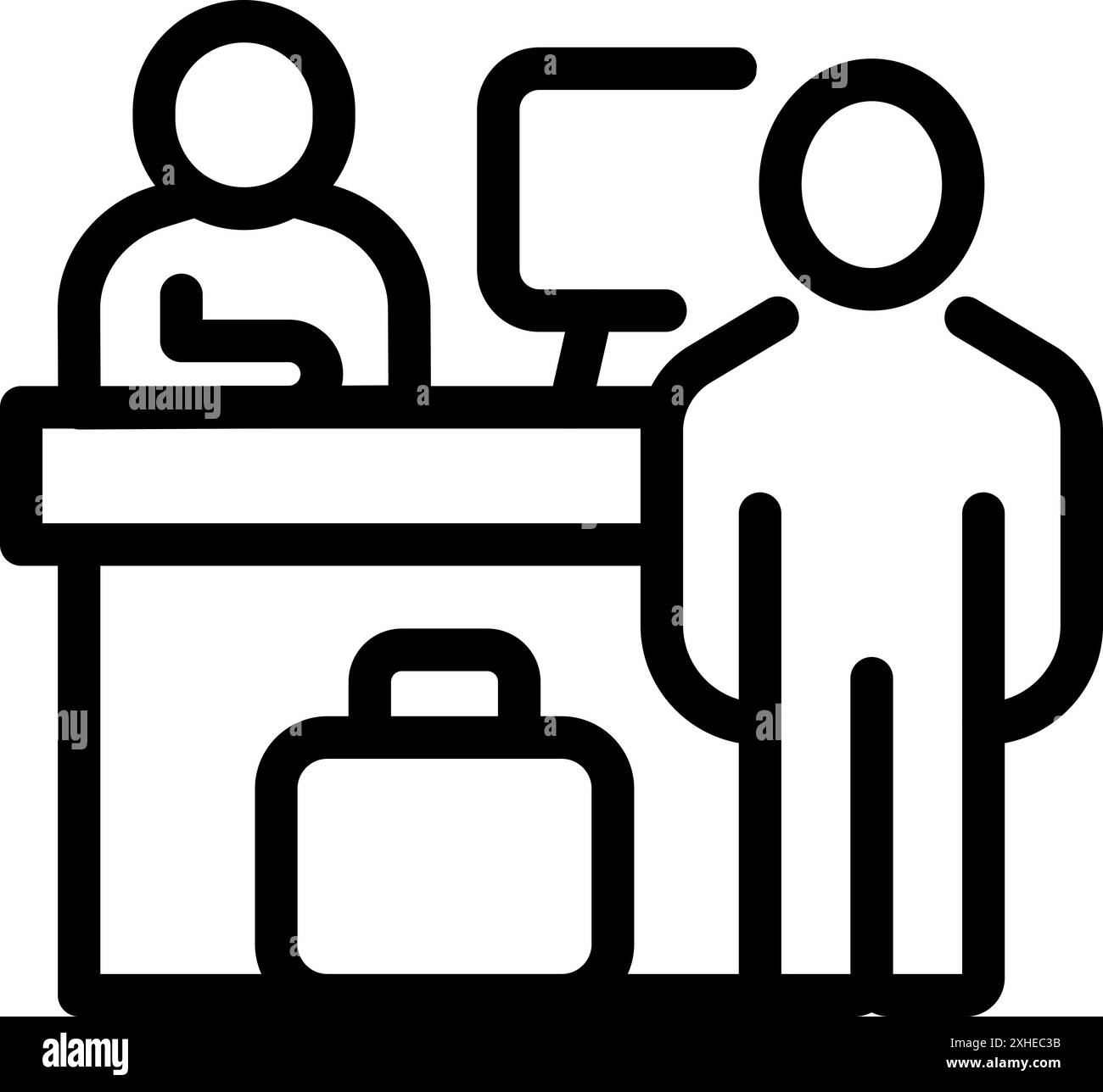 Line drawing of a businessman waiting at an airport check in counter with his suitcase Stock Vector