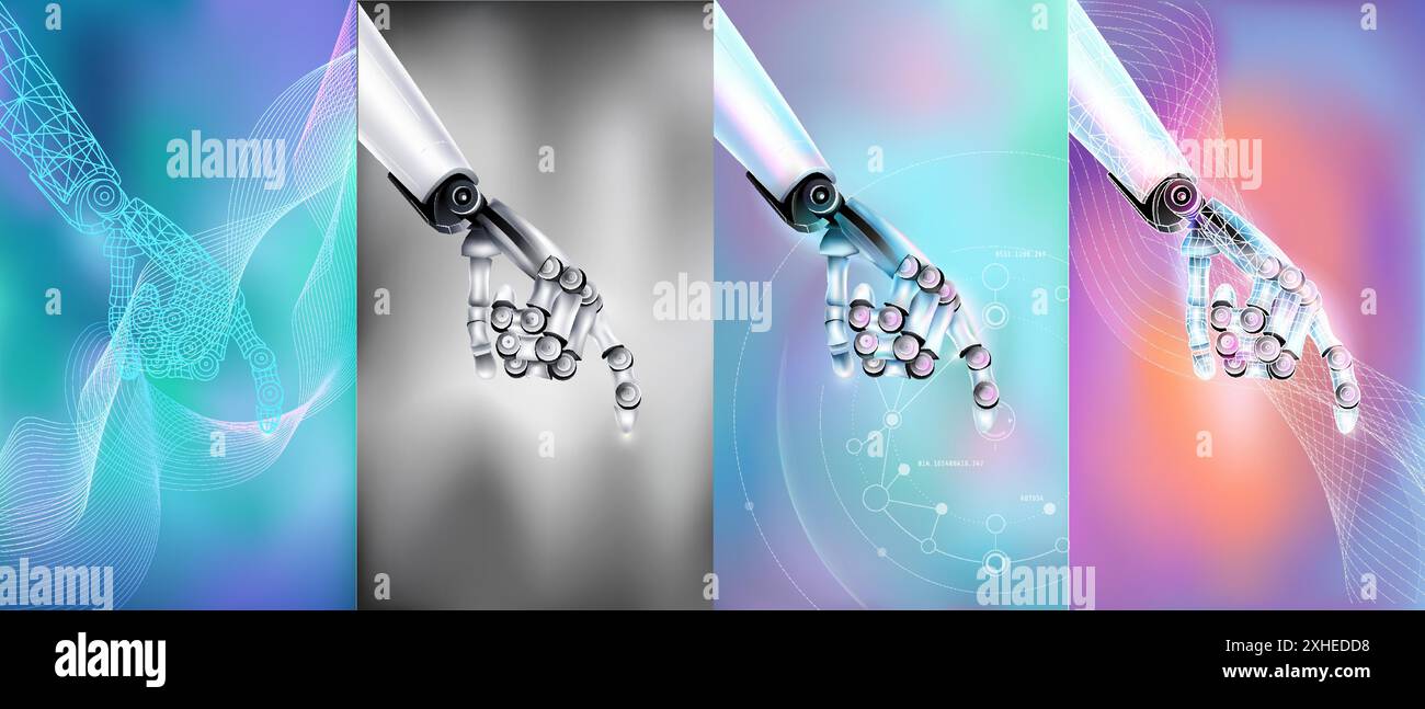Futuristic robotic versions of hands working in virtual space. Stock Vector