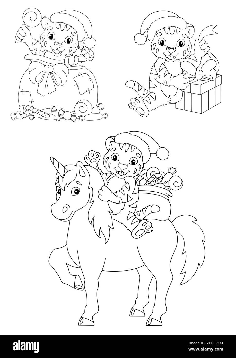 Set of cute Christmas tiger cubs. Coloring book page for kids. Cartoon