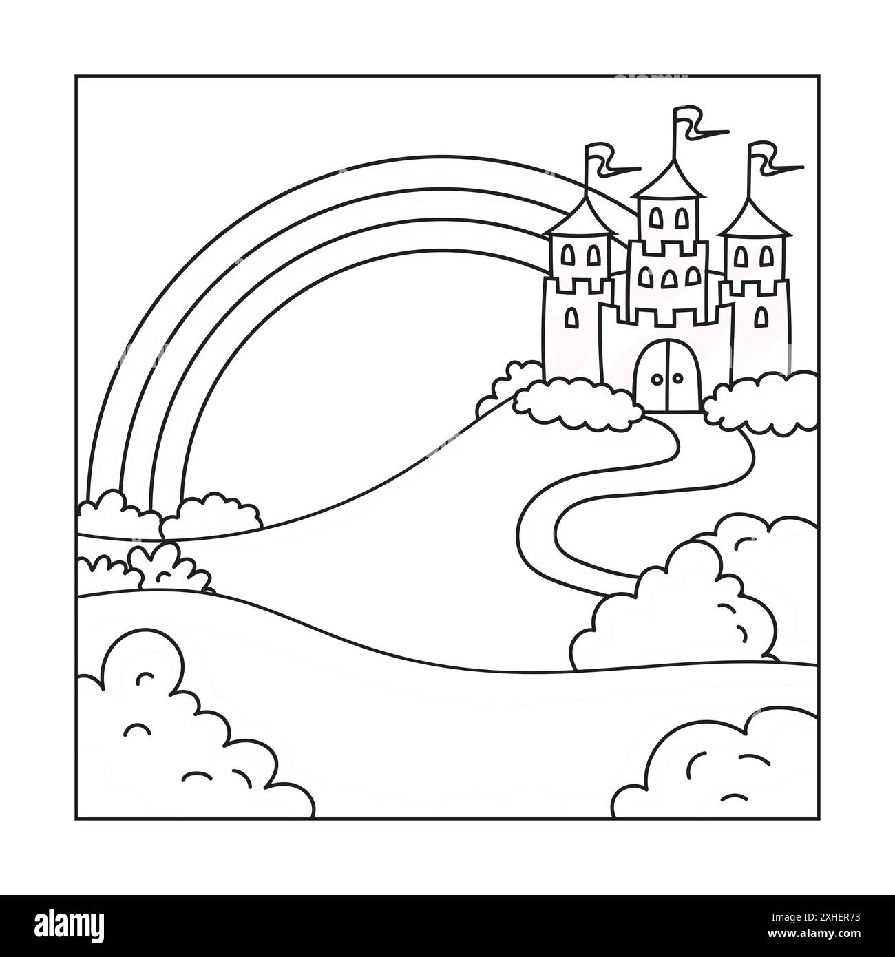 Landscape with a beautiful castle. Coloring book page for kids. Cartoon style. Vector illustration isolated on white background. Stock Vector