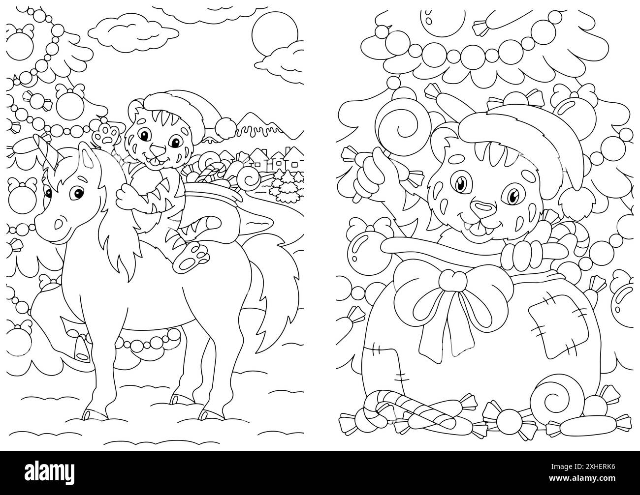 Set of cute Christmas tiger cubs with gifts. Coloring book page for