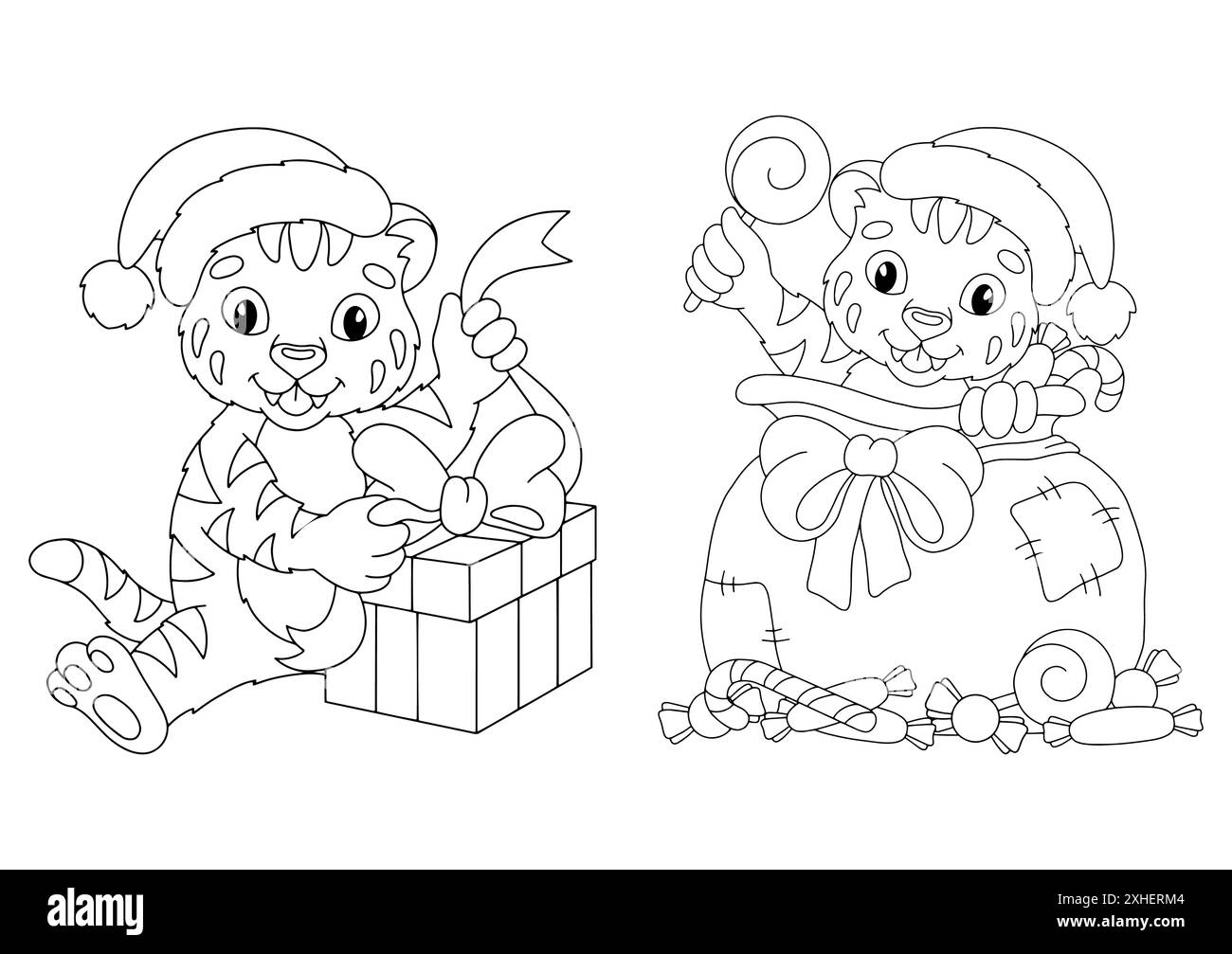 Set of cute Christmas tiger cubs with gifts. Coloring book page for