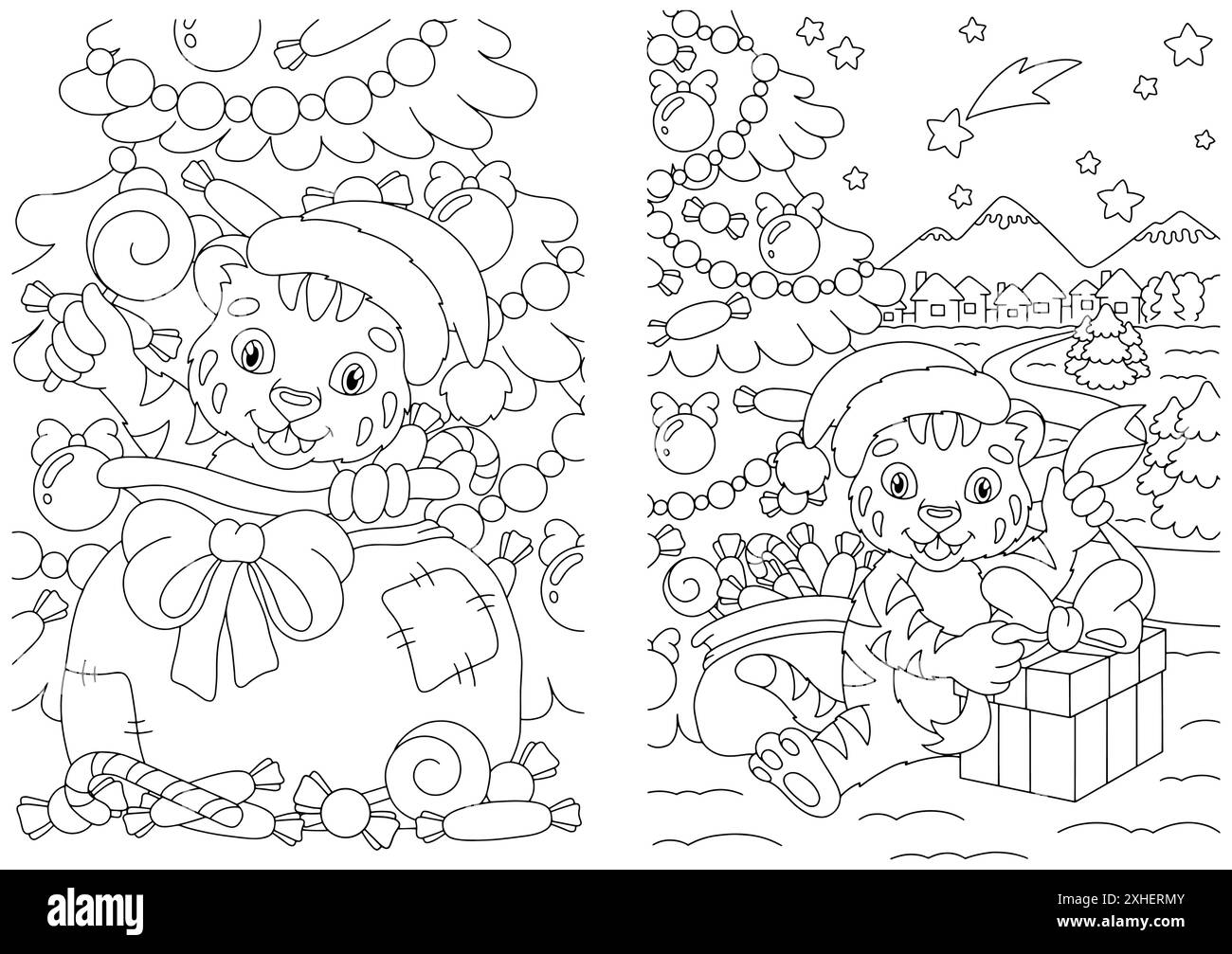 Set of cute Christmas tiger cubs with gifts. Coloring book page for