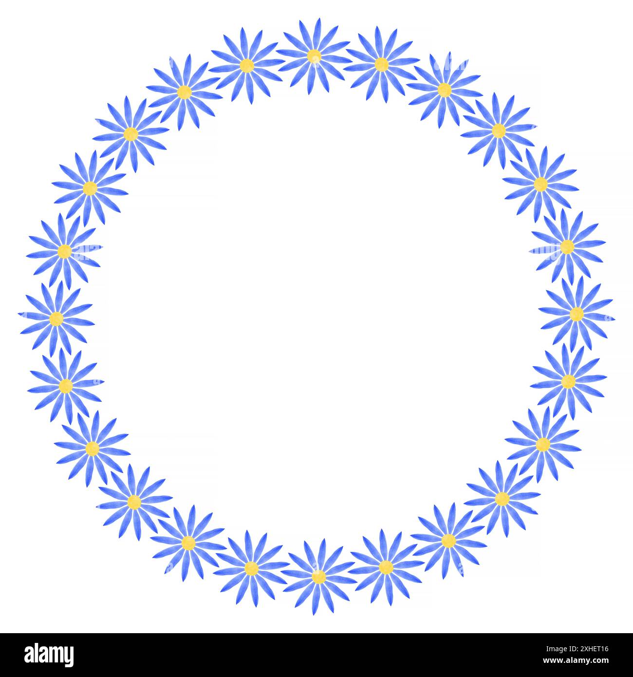 abstract round border made of blue with yellow flowers against white background Stock Photo