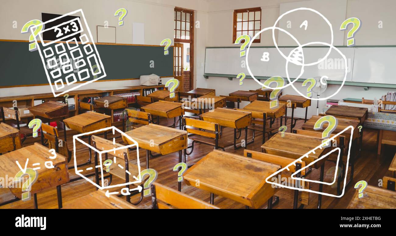 Image of school icons and question marks over empty classroom ...