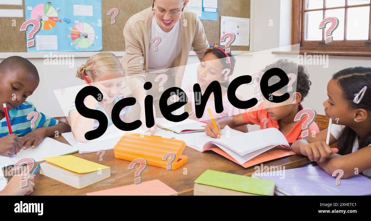 Image of science text and question marks over diverse schoolchildren ...